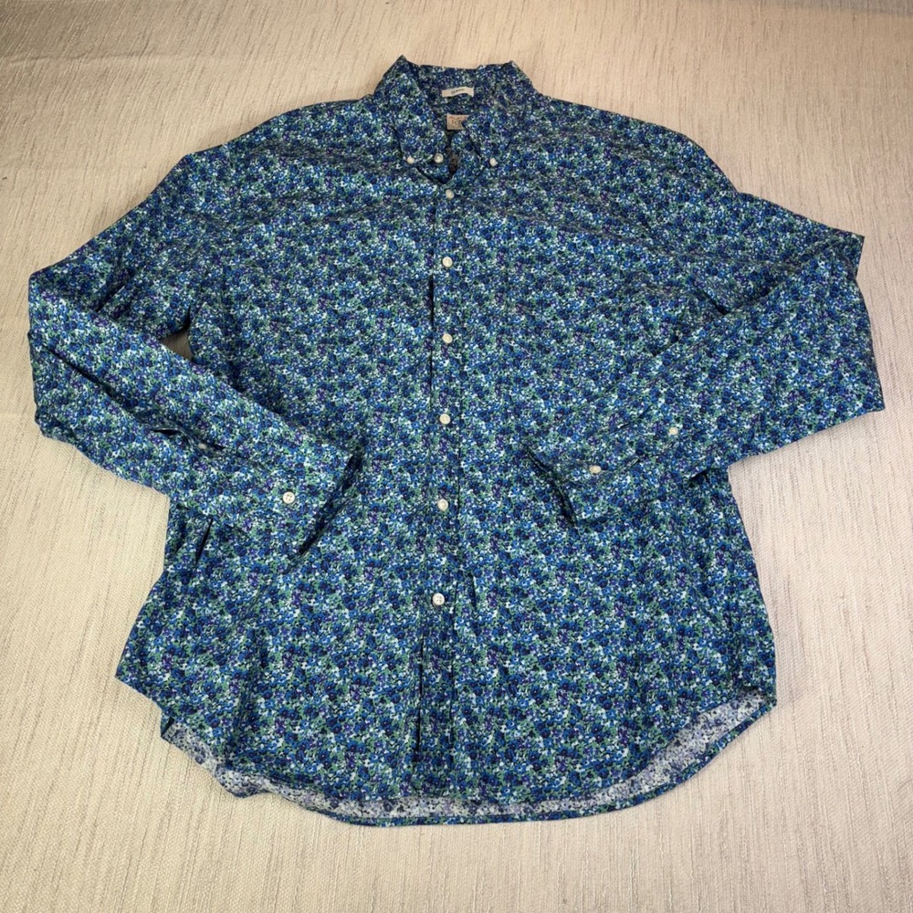 J.Crew Secret Wash Mens XL Blue Green Floral Button Down Shirt Classic Fit